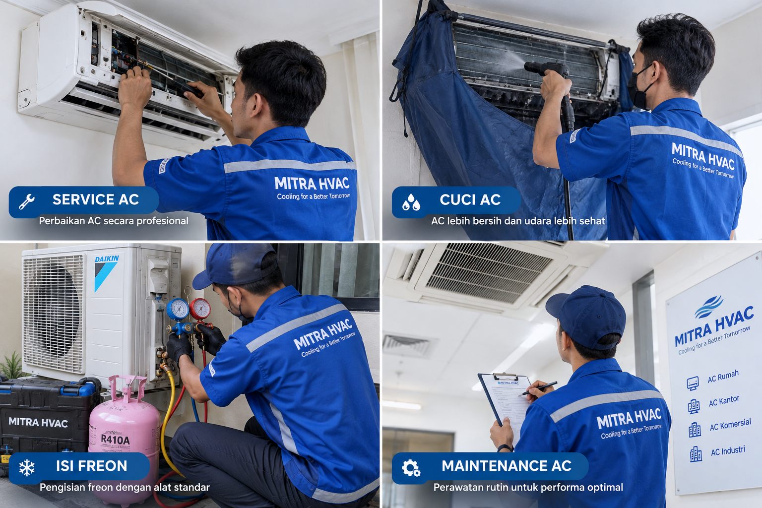 Teknisi Mitra HVAC mengerjakan service, cuci AC, isi freon dan maintenance